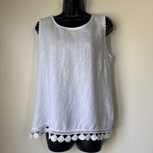 Bellambia Top Women's M White Linen Tank Italy Lace Crochet Lagenlook Beachy